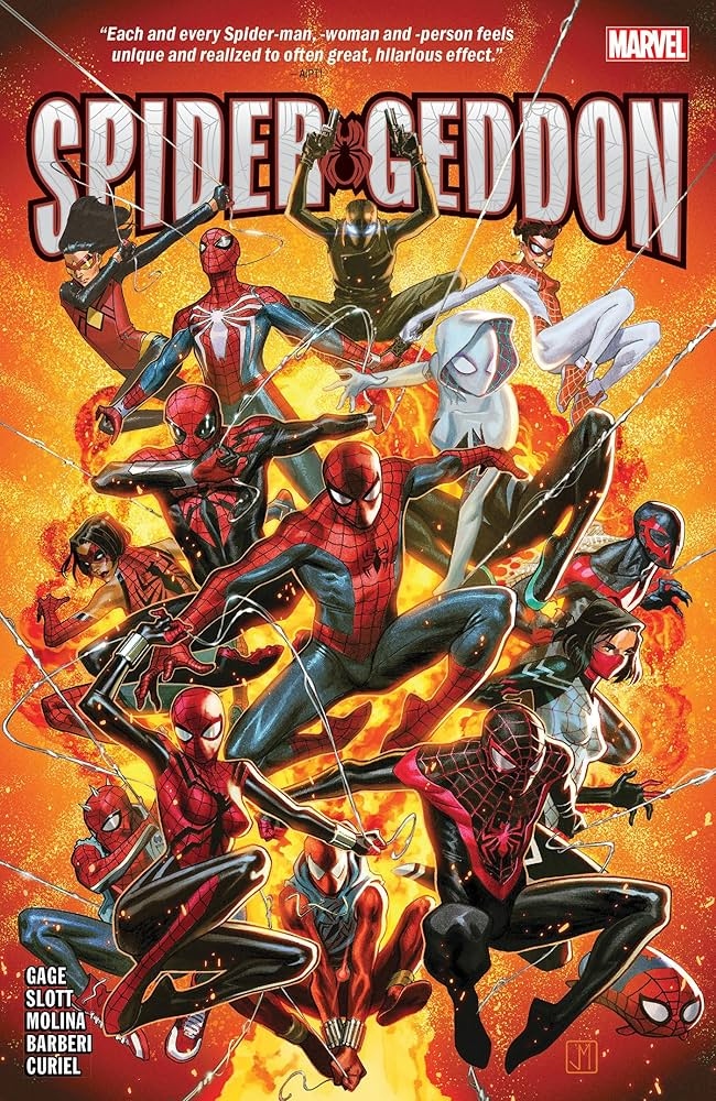 Uma página ou capa da saga Spider-Geddon onde o Spiders-Man aparece com o uniforme rasgado, revelando milhares de aranhas pretas e vermelhas saindo de dentro do traje.