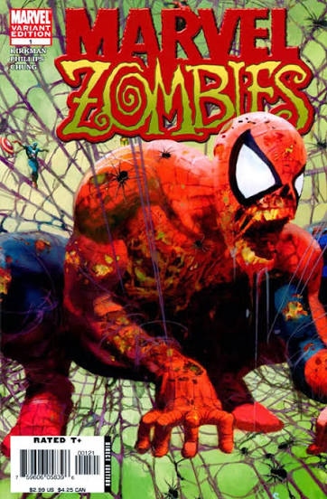 A clássica capa de Marvel Zombies focada no Homem-Aranha com o uniforme rasgado e o rosto decomposto, ou uma imagem dele lamentando seus atos na HQ.